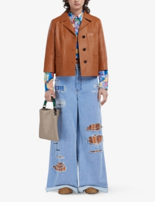 Marni Sac Logo-debossed Top-handle Leather Bag In Camel/ Green/black