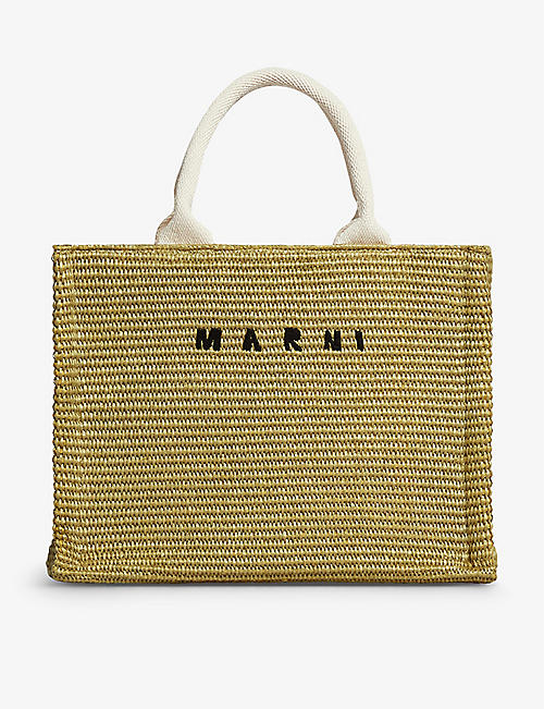 MARNI: Embroidered-logo woven-raffia tote bag