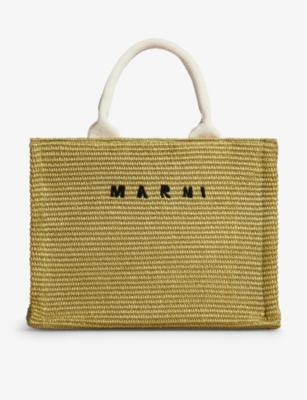 Marni Woven Embroidered-logo Shopping Tote Bag In Pistacchio/natural