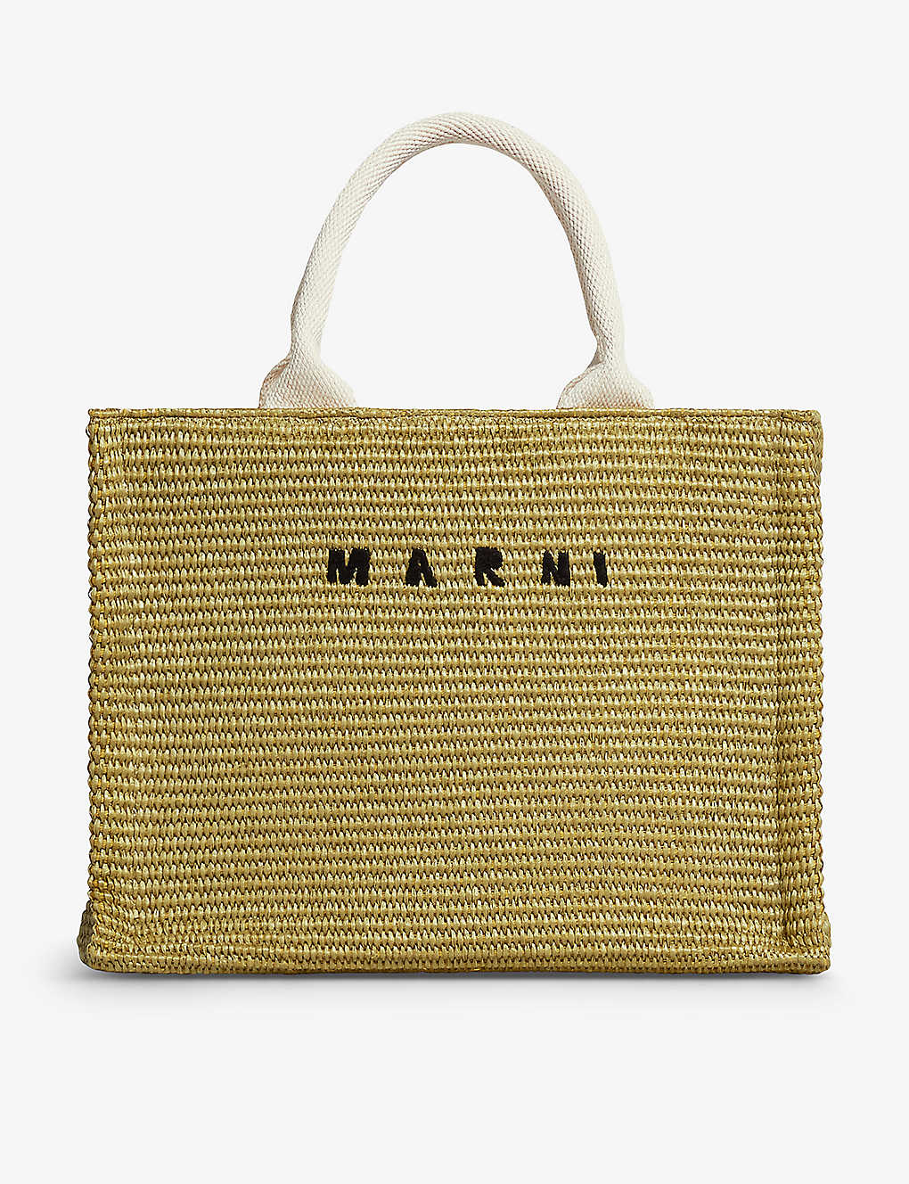 Shop Marni Embroidered-logo Woven-raffia Tote Bag In Pistacchio/natural