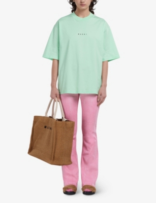 Marni Raffia-effect Canvas Small Tote Bag In Brown
