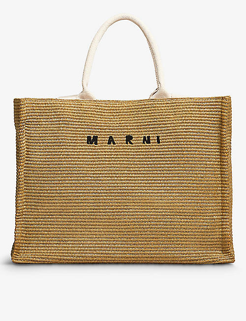 MARNI: Embroidered-logo woven-raffia tote bag