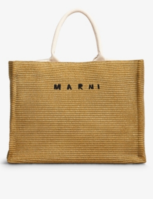 Shop Marni Women's Raw Sien/tural Embroidered-logo Woven-raffia Tote Bag In Raw Sienna/natural