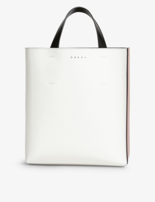 Marni Museo Logo-embossed Leather Tote Bag In White/camellia/black