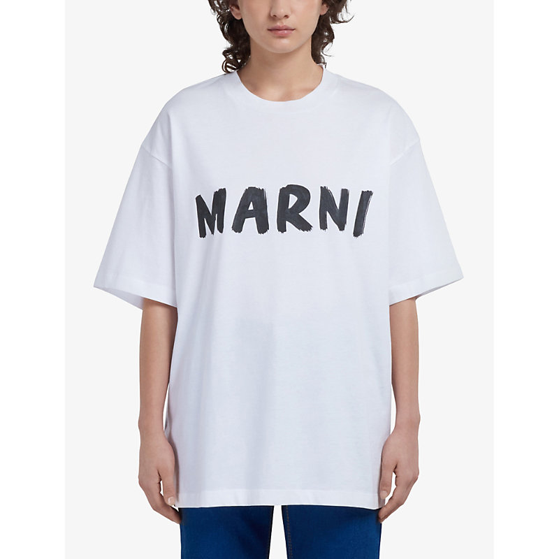Shop Marni Women's Lily White Boxy-fit Logo-print Cotton T-shirt