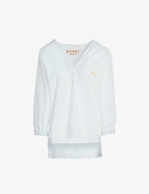 MARNI: Logo-embroidered V-neck cotton-poplin shirt