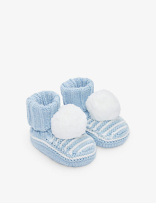 THE LITTLE WHITE COMPANY: Striped pom-pom organic-cotton booties 0-12 months