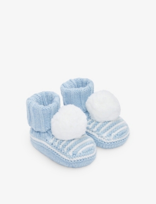 The Little White Company Babies'  Cashmblue Striped Pom-pom Organic-cotton Booties 0-12 Months