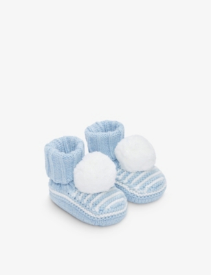 The Little White Company Babies'  Cashmblue Striped Pom-pom Organic-cotton Booties 0-12 Months