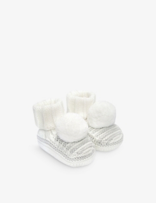 The Little White Company Babies' Pom-pom Embellished Knitted Organic-cotton Crib Shoes 0-12 M In Grey/white