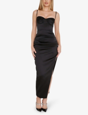 HOUSE OF CB OF CB WOMENS BLACK FLORA PLEATED CUP CORSET SATIN MAXI DRESS 64834147