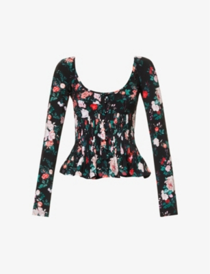 Rabanne Floral-print Pleated Long-sleeve Bustier Top In Black Rose Garden
