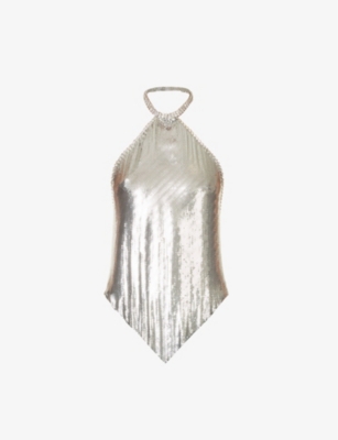 Rabanne Crystal-embellished Metallic Halterneck Top In Silver