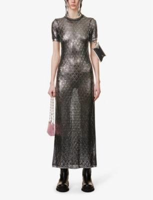 RABANNE PACO RABANNE WOMEN'S BLACK GEOMETRIC-KNIT METALLIC-THREAD KNITTED MAXI DRESS