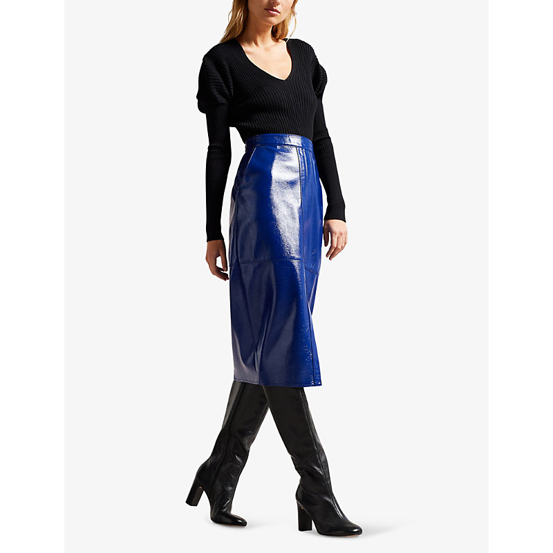 Shop Ted Baker Women's Blue Vinell Panelled Faux-leather Midi Skirt