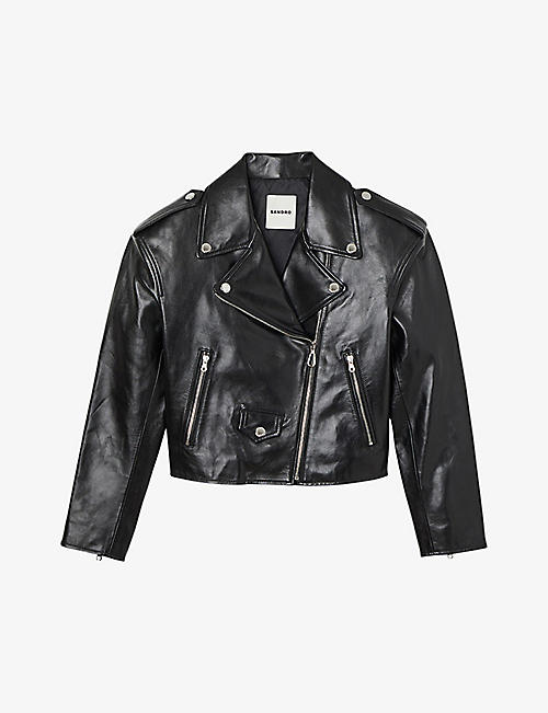 SANDRO: Jillan cropped padded-shoulder leather biker jacket