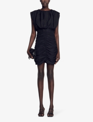 Shop Sandro Women's Noir / Gris Draped Round-neck Woven Mini Dress In Black