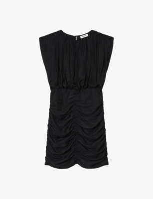 Sandro Womens Black Draped Round-neck Woven Mini Dress