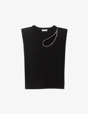Shop Sandro Women's Noir / Gris Crystal-embellished Cut-out Cotton T-shirt