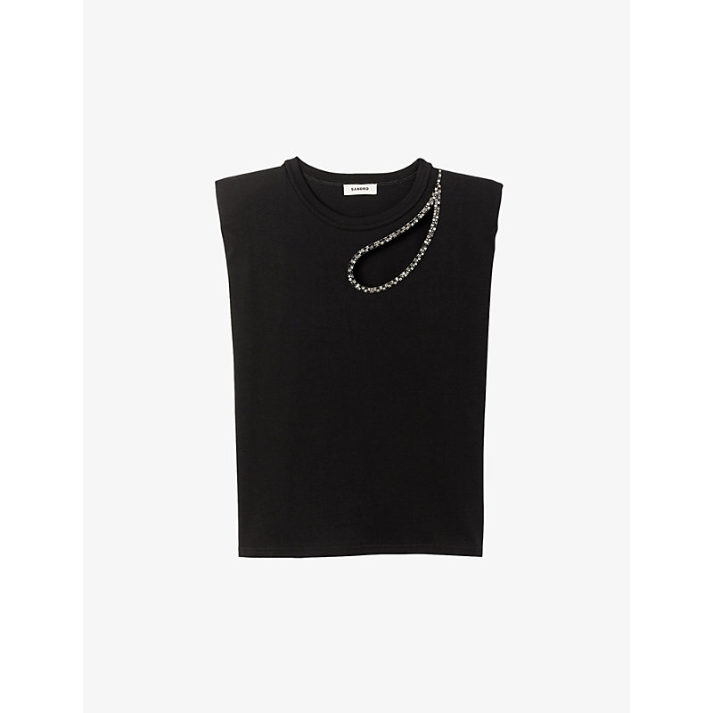 Shop Sandro Womens Noir / Gris Crystal-embellished Cut-out Cotton T-shirt