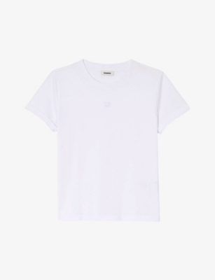 Sandro Womens Logo-embroidered Waffle-textured Cropped Cotton T-shirt Naturels In Naturels