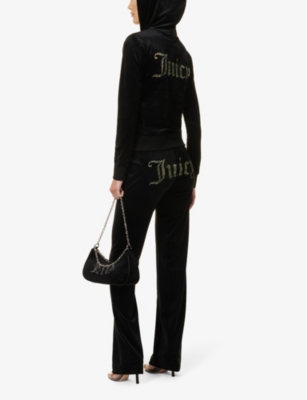 Shop Juicy Couture Women's Black Rhinestone-embellished Ribbed-trim Velour Hoody