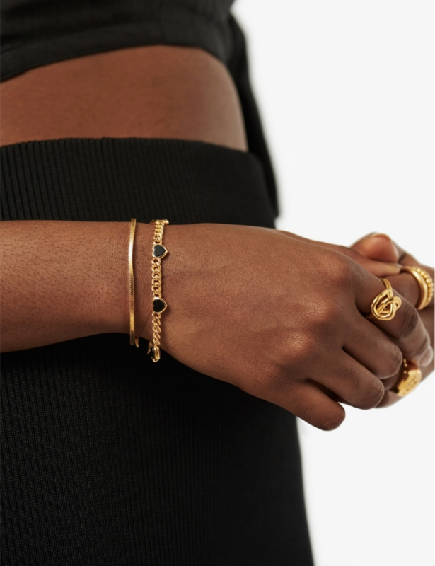 Heart-charm 18ct yellow gold-plated brass and black onyx bracelet