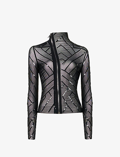 RICK OWENS LILLIES: Sequin-embellished sheer high-neck slim-fit stretch-mesh jacket
