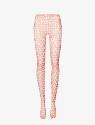 VALENTINO VALENTINO WOMEN'S BEIGE RED CALZE MONOGRAMMED STRETCH-WOVEN TIGHTS,64879728