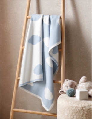 The Little White Company Blue Cloud-pattern Cotton Blanket 100cm X 75cm