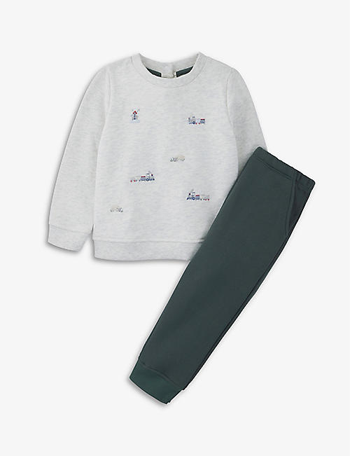 THE LITTLE WHITE COMPANY：火车刺绣棉质卫衣和慢跑裤套装 18 个月 - 6 岁