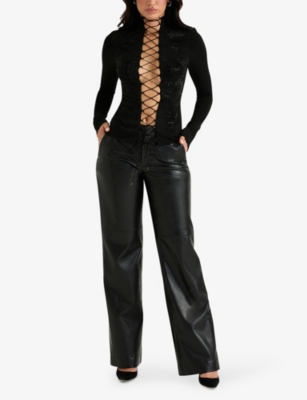 House Of Cb Faux Leather Wide Leg Trousers In Black
