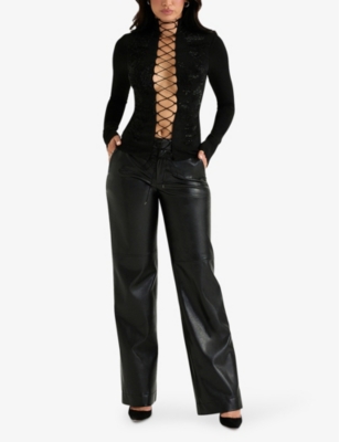 Shop House Of Cb Omaria Wide-leg Mid-rise Pu-leather Trousers In Black