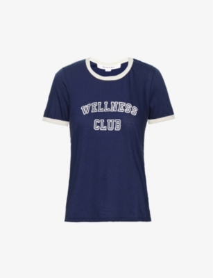 SPORTY AND RICH SPORTY & RICH WOMEN'S NAVY CREAM WELLNESS CLUB LOGO-PRINT COTTON-JERSEY T-SHIRT,64989489