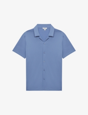 Reiss Mens Sea Blue Caspa Short-sleeved Cuban-collar Cotton-jersey Shirt
