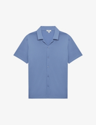 Reiss Mens Sea Blue Caspa Short-sleeved Cuban-collar Cotton-jersey Shirt