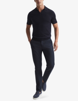 Reiss Duchie Johnny Collar Short Sleeve Wool Polo Sweater In Navy