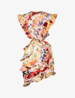 Zimmermann Cutout Ruffled Patchwork Floral-print Linen And Silk-blend Mini Dress In Spliced Multi Floral