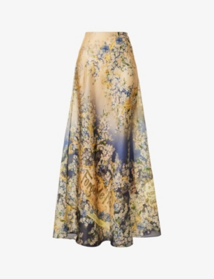 Zimmermann Tama Linen And Silk Maxi Skirt In Forget Me Knots Floral