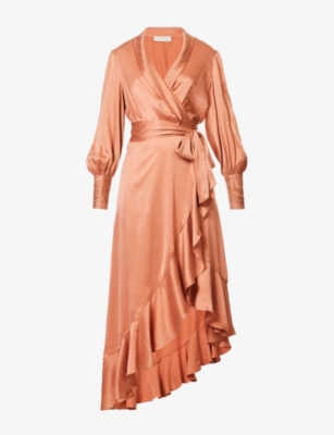 Zimmermann Womens Blush Plunge-neck Wrap-over Silk Midi Dress