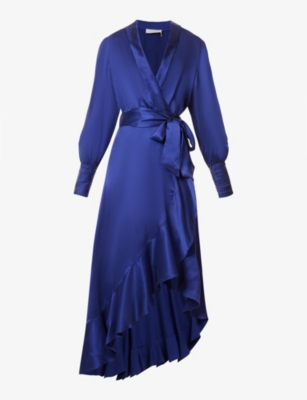 Zimmermann Long Sleeve Silk Wrap Dress In Lapis