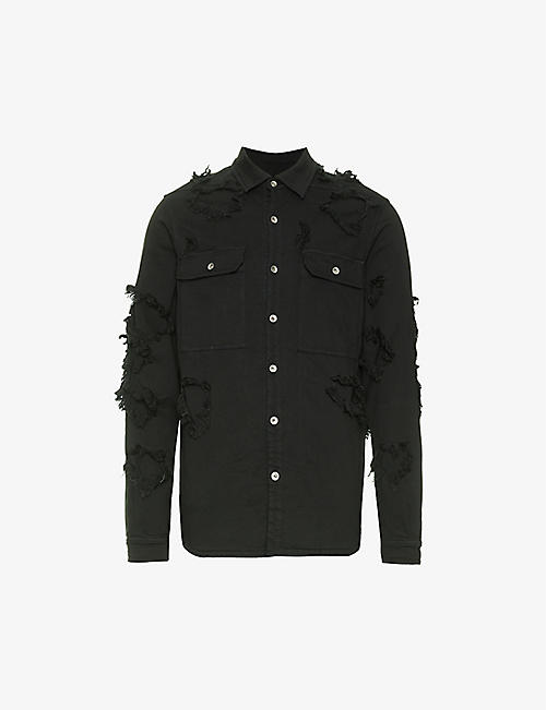 RICK OWENS DRKSHDW: Frayed-trim patch-pocket regular-fit cotton-blend shirt