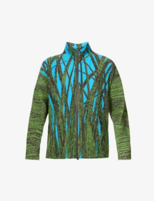 Issey Miyake Homme Plisse  Mens Green Grass Field Pleated Woven Cardigan