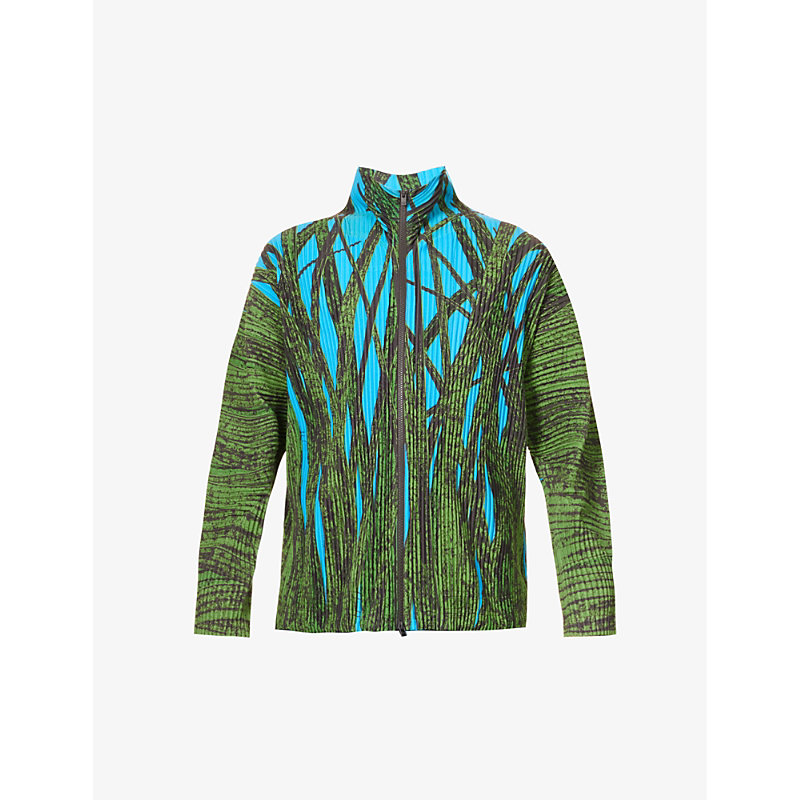 Issey Miyake Homme Plisse  Mens Green Grass Field Pleated Woven Cardigan