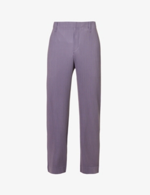 Issey Miyake Straight Pleated Trousers Striped Pattern In Purple Gray