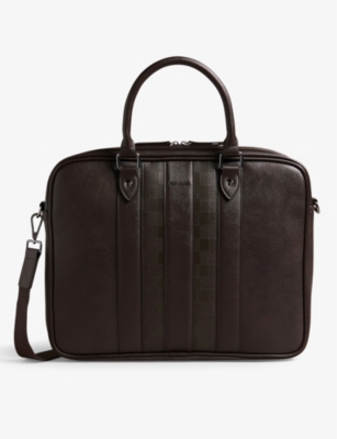 Ted Baker Mens Brown Mens Brn-choc Waymon Checked Logo-embellished Faux-leather Briefcase 1 Size