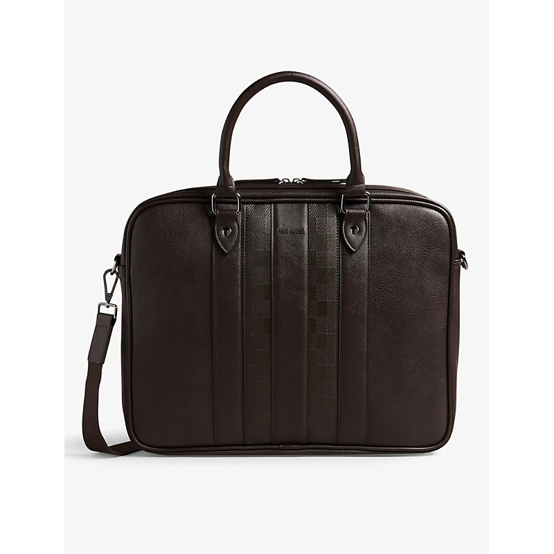 Ted Baker Mens Brown Mens Brn-choc Waymon Checked Logo-embellished Faux-leather Briefcase 1 Size