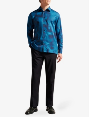 Shop Ted Baker Men's Blue Bentham Abstract-print Long-sleeved Woven Shirt