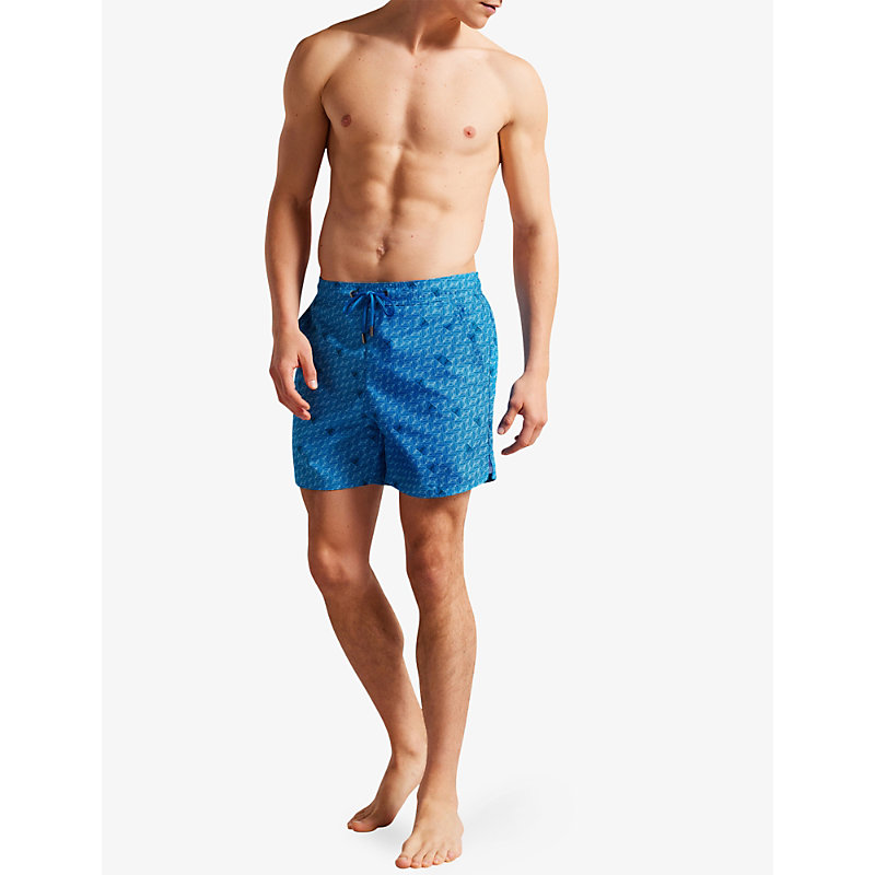 Shop Ted Baker Renshaw Graphic-print Recycled-polyester Swim Shorts In Blue