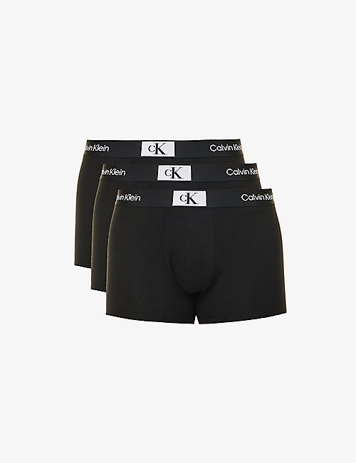CALVIN KLEIN: Logo-waistband mid-rise pack of three stretch-cotton trunks